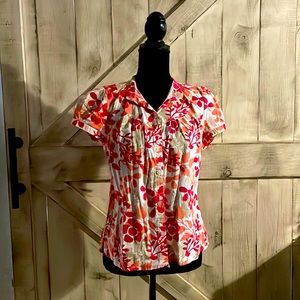 Petite Medium Red and Coral patterned button up Blouse